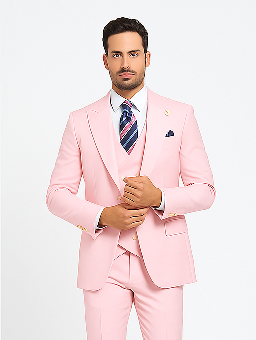 Rossiman Men’s Pink Suit | 1-Button Peak Lapel Jacket & Double-Breasted Vest – Italian Tailored 3-Piece Luxury Suit