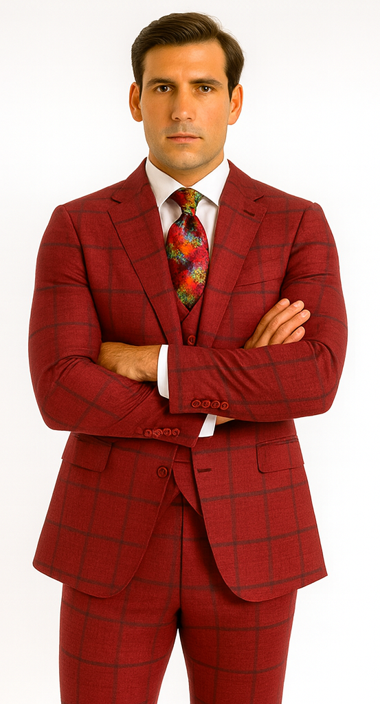 Rossiman Men’s Red & Blue Plaid Double-Breasted Suit – Two-Piece Formalwear