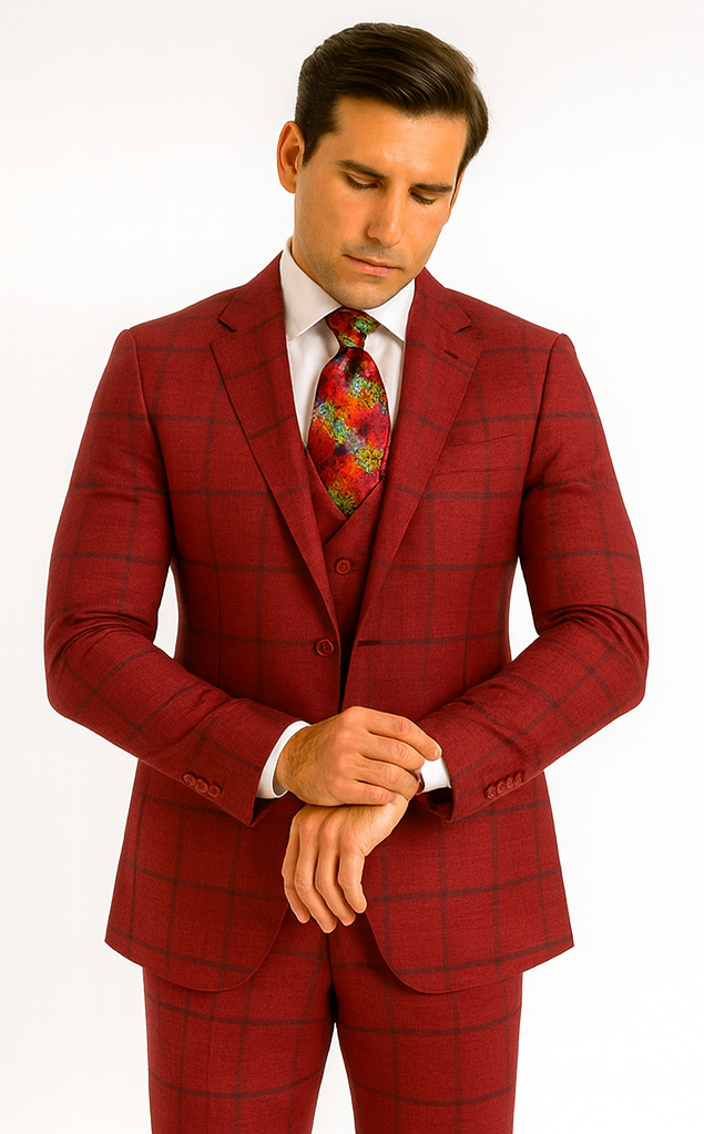 Rossiman Men’s Red & Blue Plaid Double-Breasted Suit – Two-Piece Formalwear