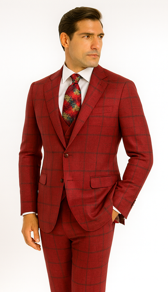 Rossiman Men’s Red & Blue Plaid Double-Breasted Suit – Two-Piece Formalwear