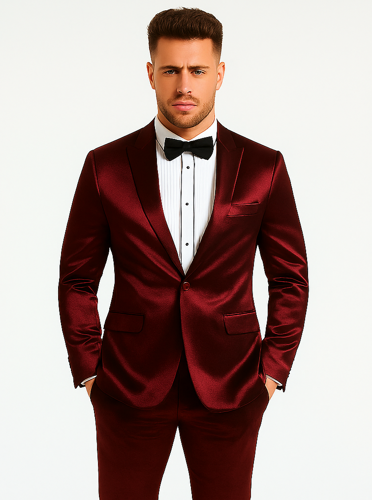 Rossiman Men’s Red Sateen Suit | Glossy Finish Bold Formalwear – Italian Tailored Double-Breasted Luxury Suit