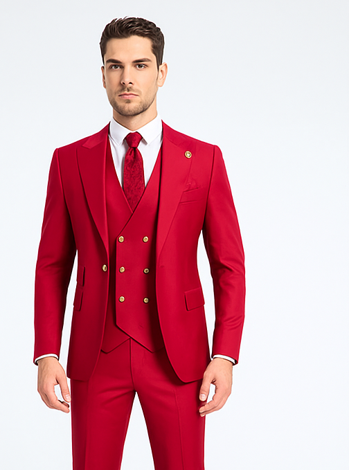 Rossiman Men’s Red Suit | Stylish 1-Button Peak Lapel Jacket & Double-Breasted Vest – Italian Tailored Luxury 3-Piece Suit