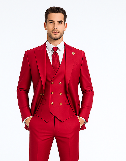 Rossiman Men’s Red Suit | Stylish 1-Button Peak Lapel Jacket & Double-Breasted Vest – Italian Tailored Luxury 3-Piece Suit