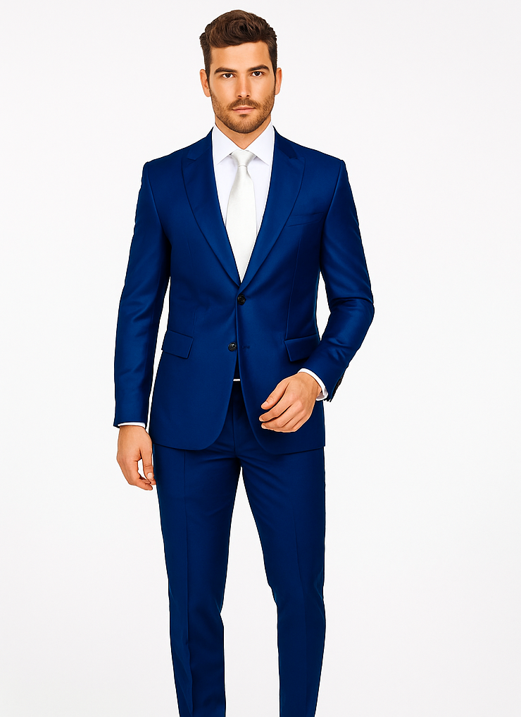 Rossiman Men’s Royal Blue Glossy Sateen Suit | Bold & Refined Look – Italian Luxury Double-Breasted Suit for Men