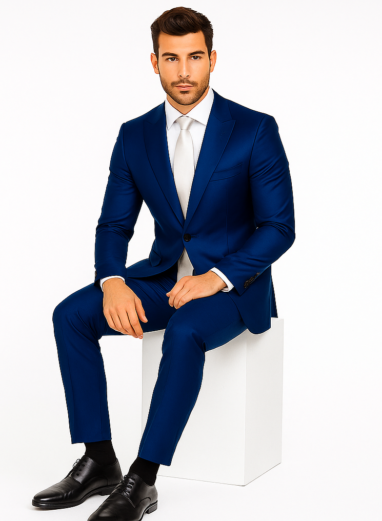 Rossiman Men’s Royal Blue Glossy Sateen Suit | Bold & Refined Look – Italian Luxury Double-Breasted Suit for Men