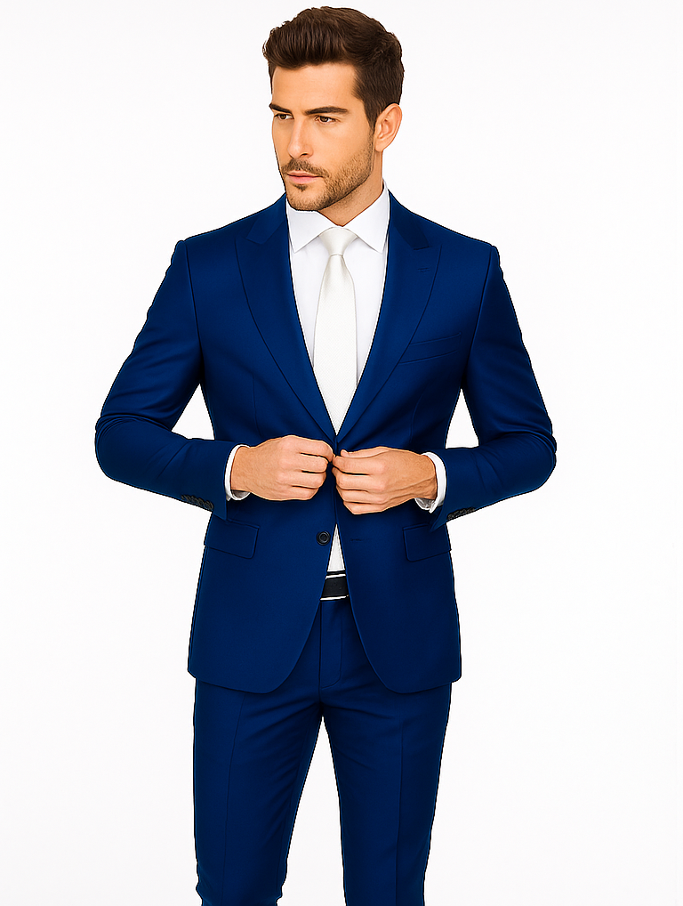 Rossiman Men’s Royal Blue Glossy Sateen Suit | Bold & Refined Look – Italian Luxury Double-Breasted Suit for Men