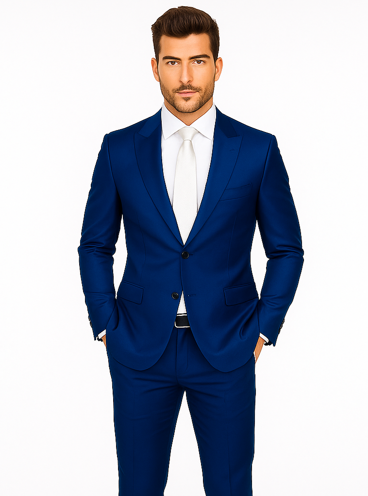 Rossiman Men’s Royal Blue Glossy Sateen Suit | Bold & Refined Look – Italian Luxury Double-Breasted Suit for Men