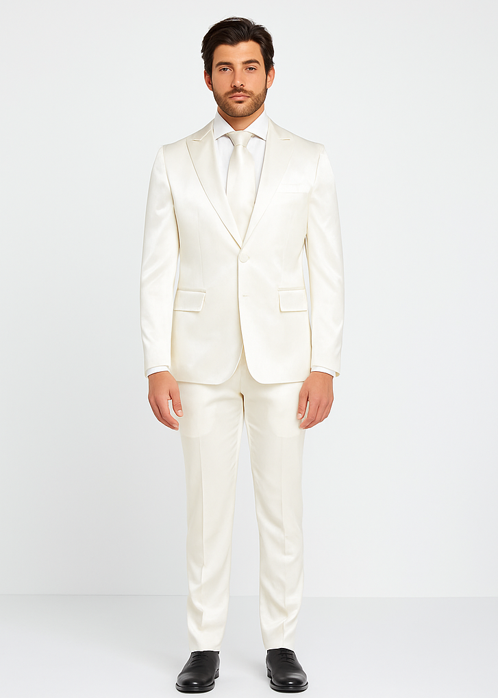 Rossiman White Sateen Suit for Men | High-Shine Formal Elegance – Italian Tailored Luxury Double-Breasted Suit