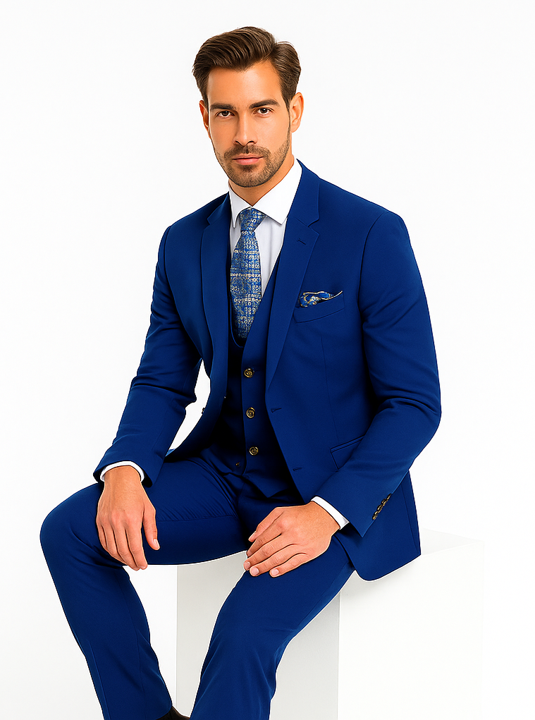 Rossiman Men’s Royal Blue Slim Fit Suit | Sophisticated Double-Breasted Design – Italian Tailored 3-Piece Luxury Suit