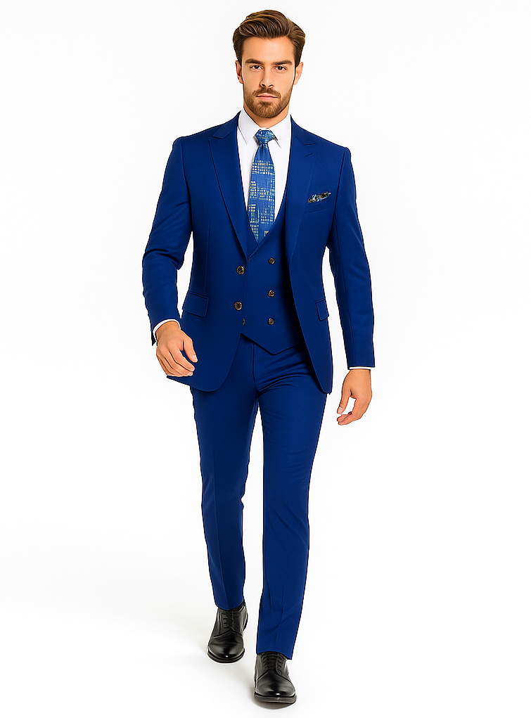 Rossiman Men’s Royal Blue Slim Fit Suit | Sophisticated Double-Breasted Design – Italian Tailored 3-Piece Luxury Suit