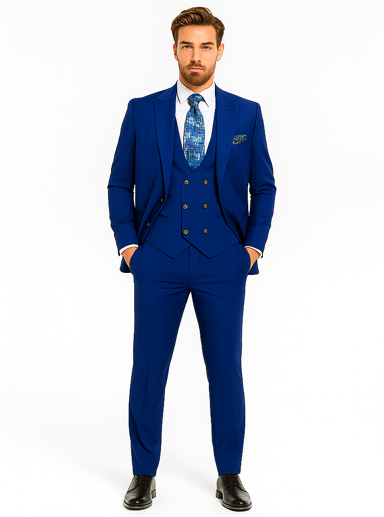 Rossiman Men’s Royal Blue Slim Fit Suit | Sophisticated Double-Breasted Design – Italian Tailored 3-Piece Luxury Suit