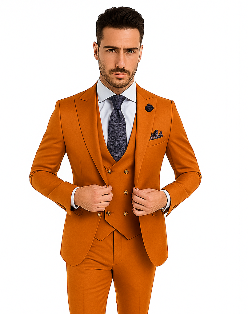 Rossiman Men’s Rust Slim Fit Suit | 3-Piece Set with Double-Breasted Vest & Flat Front Pants – Italian Tailored Luxury