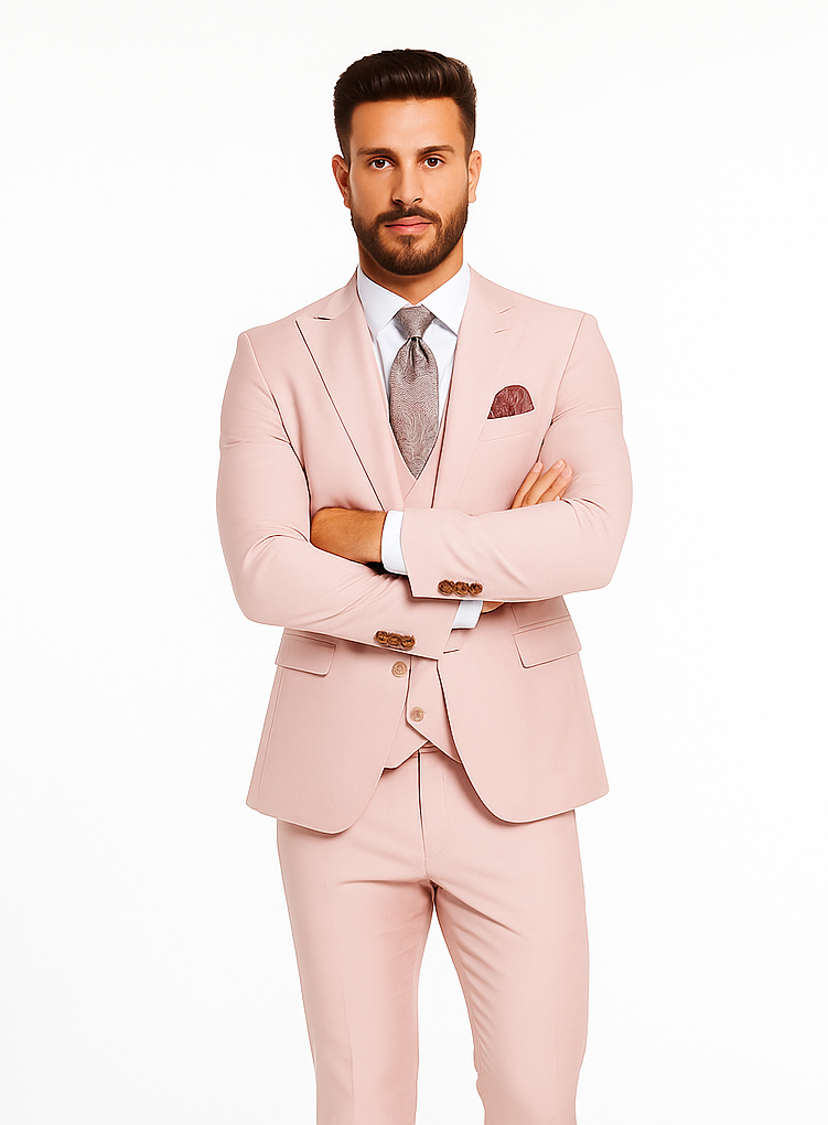 Rossiman Men’s Slim Fit Pink Suit | Elegant Double-Breasted Vest & Tailored Flat Front Pants – Italian 3-Piece Luxury Suit