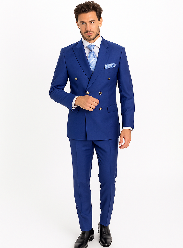Rossiman Men’s Slim Fit Royal Blue Suit | Double-Breasted Elegance – Italian Tailored Luxury 3-Piece Suit for Men