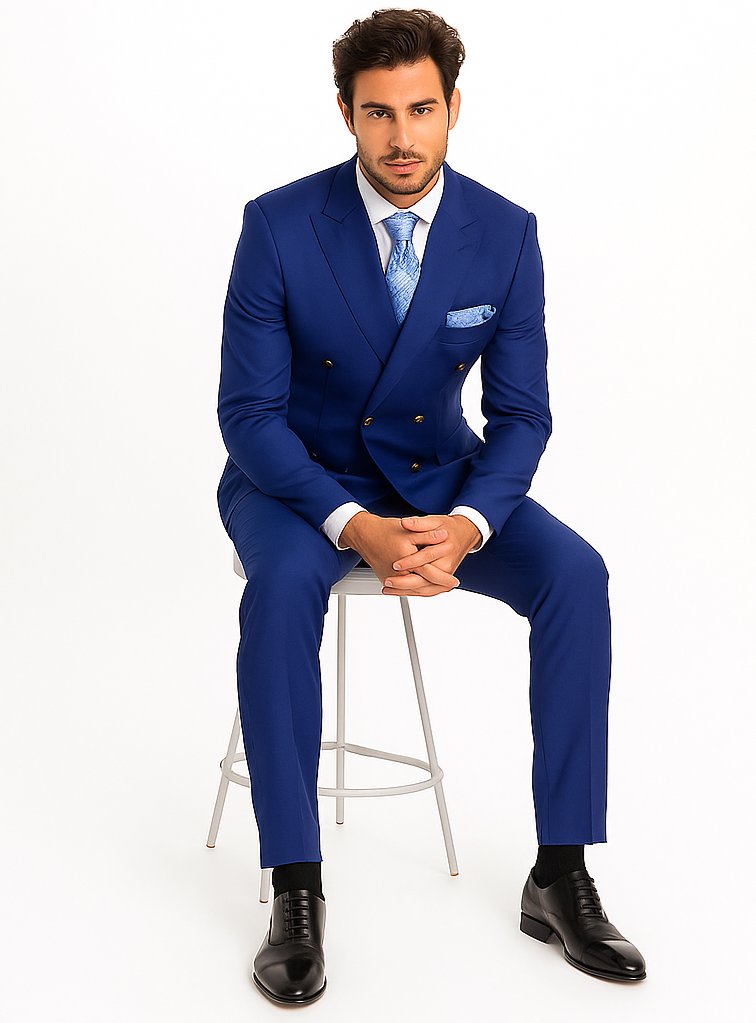 Rossiman Men’s Slim Fit Royal Blue Suit | Double-Breasted Elegance – Italian Tailored Luxury 3-Piece Suit for Men