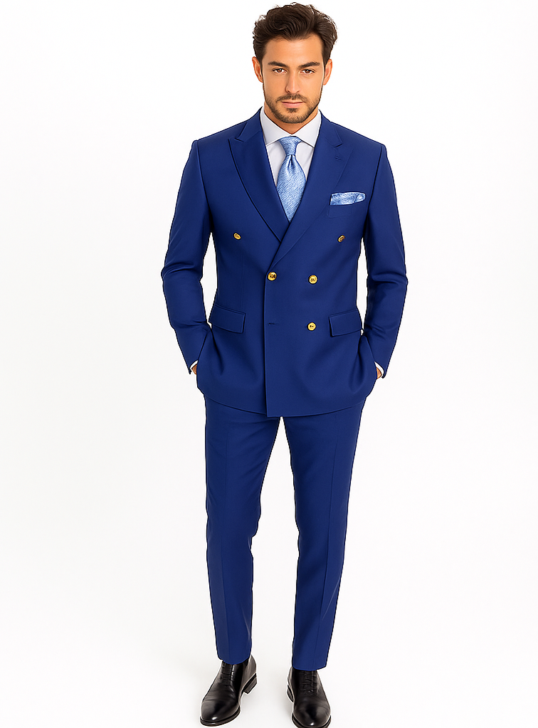 Rossiman Men’s Slim Fit Royal Blue Suit | Double-Breasted Elegance – Italian Tailored Luxury 3-Piece Suit for Men