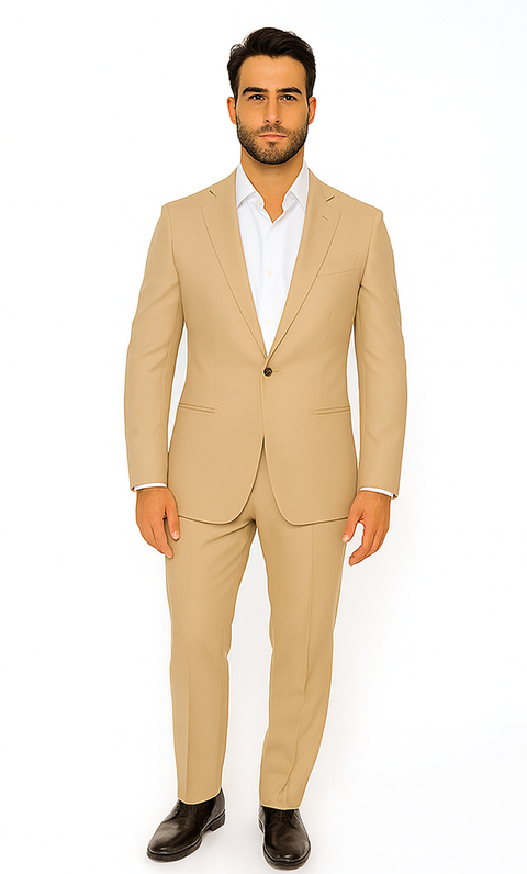 Rossiman Men’s Tan Seersucker Suit – Peak Lapel Formalwear with Tone-on-Tone Shadow Stripe