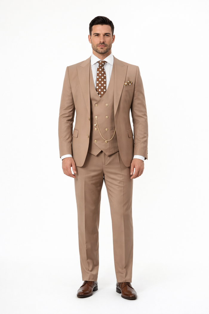 Rossiman Men’s Tan Suit with Gold Button Details