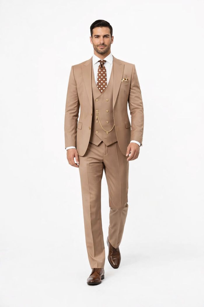Rossiman Men’s Tan Suit with Gold Button Details