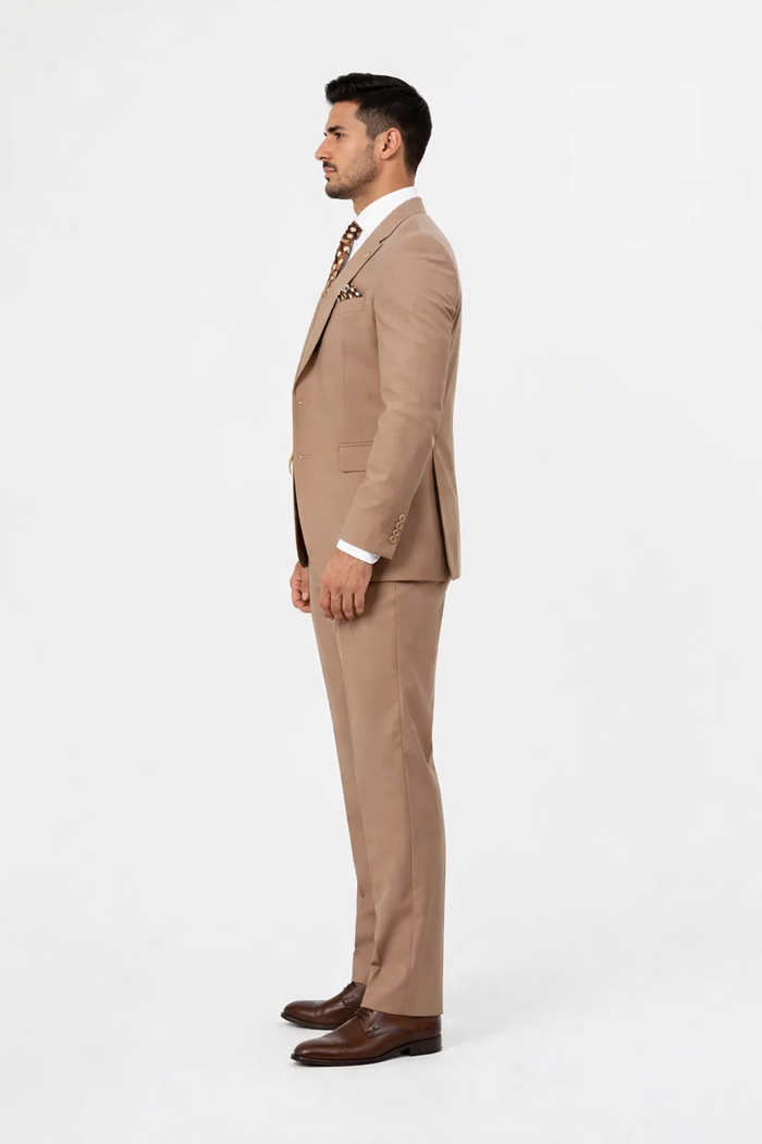 Rossiman Men’s Tan Suit with Gold Button Details