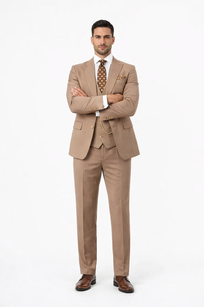 Rossiman Tan Suit Gold Buttons Peak Lapel Vest