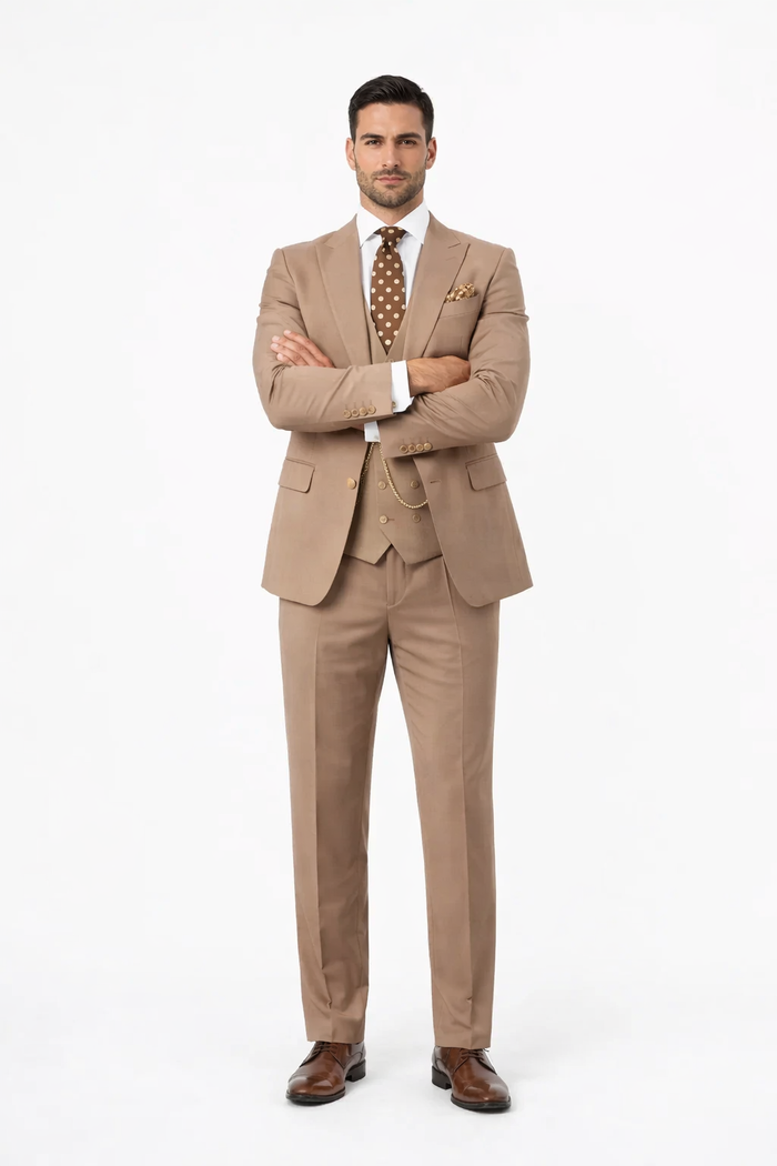 Rossiman Men’s Tan Suit with Gold Button Details