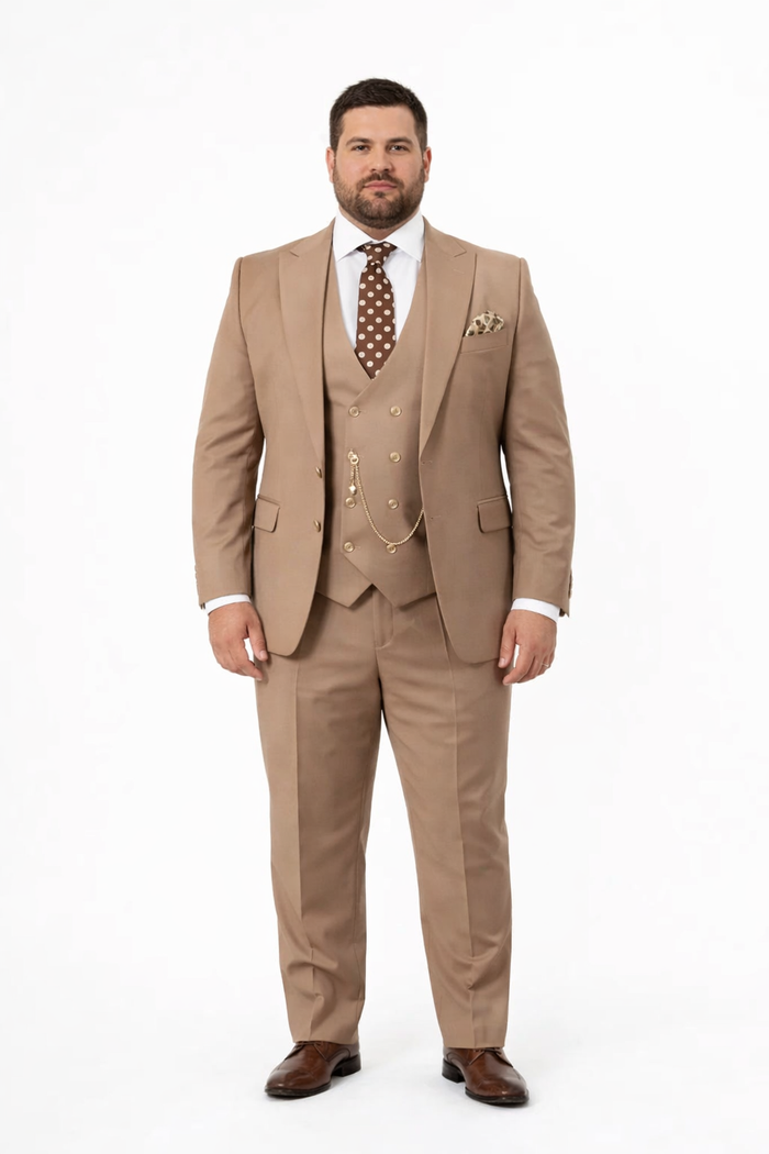 Rossiman Men’s Tan Suit with Gold Button Details