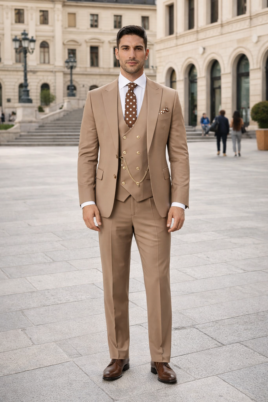 Rossiman Men’s Tan Suit with Gold Button Details