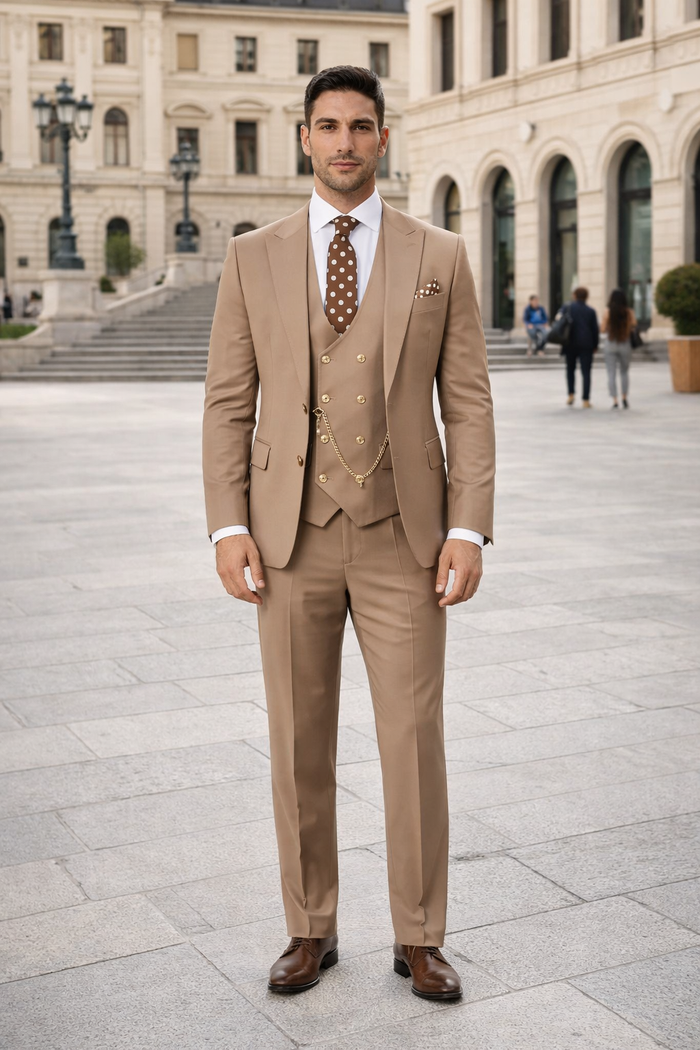 Rossiman Men’s Tan Suit with Gold Button Details