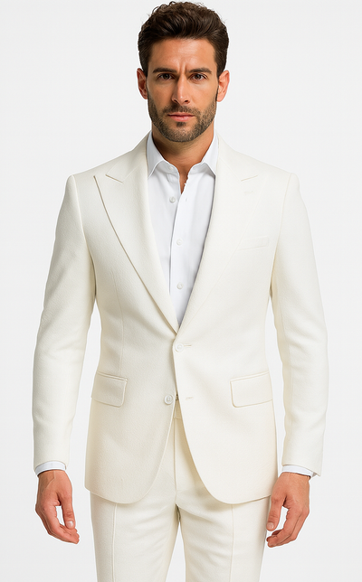 Rossiman Men’s White Seersucker Suit – Peak Lapel Summer Formalwear