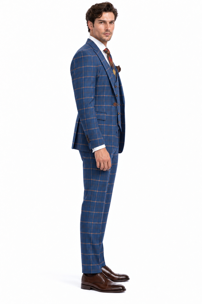 Rossiman Men’s Navy & Gray Plaid Double-Breasted Suit –  Two-Piece Formalwear