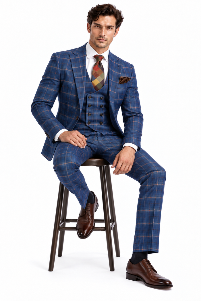 Rossiman Men’s Navy & Gray Plaid Double-Breasted Suit –  Two-Piece Formalwear