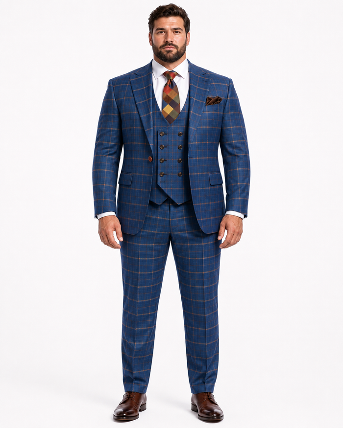Rossiman Men’s Navy & Gray Plaid Double-Breasted Suit –  Two-Piece Formalwear