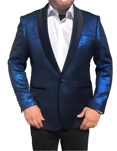 Royal Blue  1 Button Black Shawl Lapel Blazer Suit Jacket