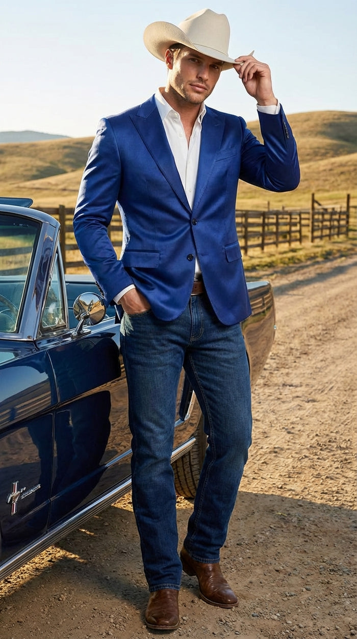 Men’s Shiny Royal Blue Cowboy Blazer – Western Style Satin Finish Blazer for Party, Country Events and Evening Wear