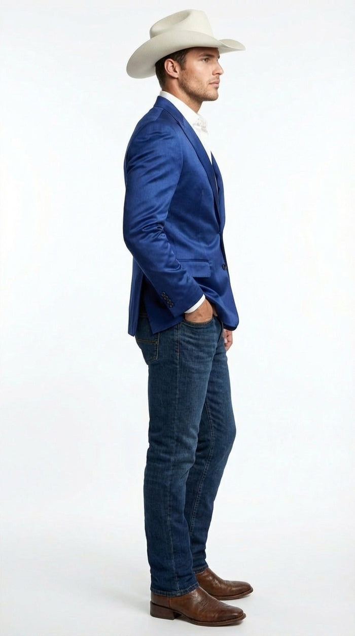 Men’s Shiny Royal Blue Cowboy Blazer – Western Style Satin Finish Blazer for Party, Country Events and Evening Wear