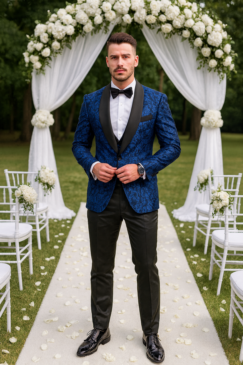 Royal Blue Floral Tuxedo with Shawl Lapel – 4 Piece Slim Fit Set