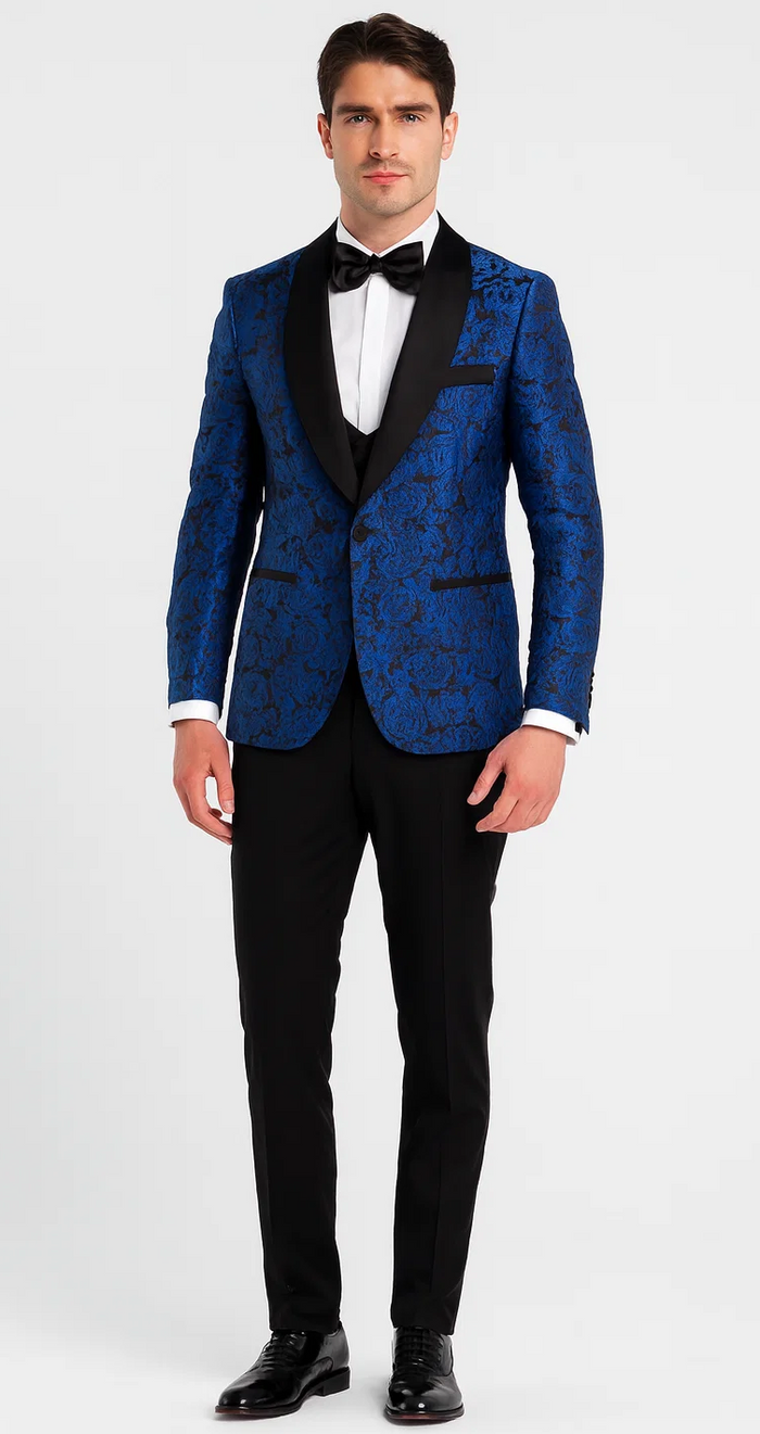Royal Blue Floral Tuxedo with Shawl Lapel – 4 Piece Slim Fit Set