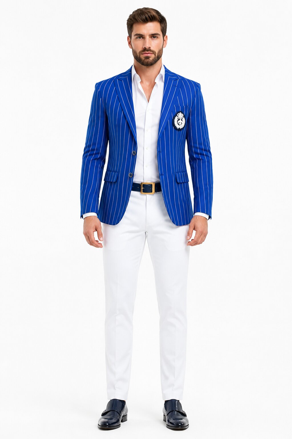 Royal Blue Pinstripe Blazer & White Pants Combo