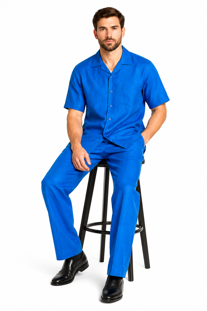 Men's Short Sleeve 2 Piece Casual Two Piece Mens Walking Outfit For Sale Pant Sets Set With Long Pants 100% Linen Royal Shirt