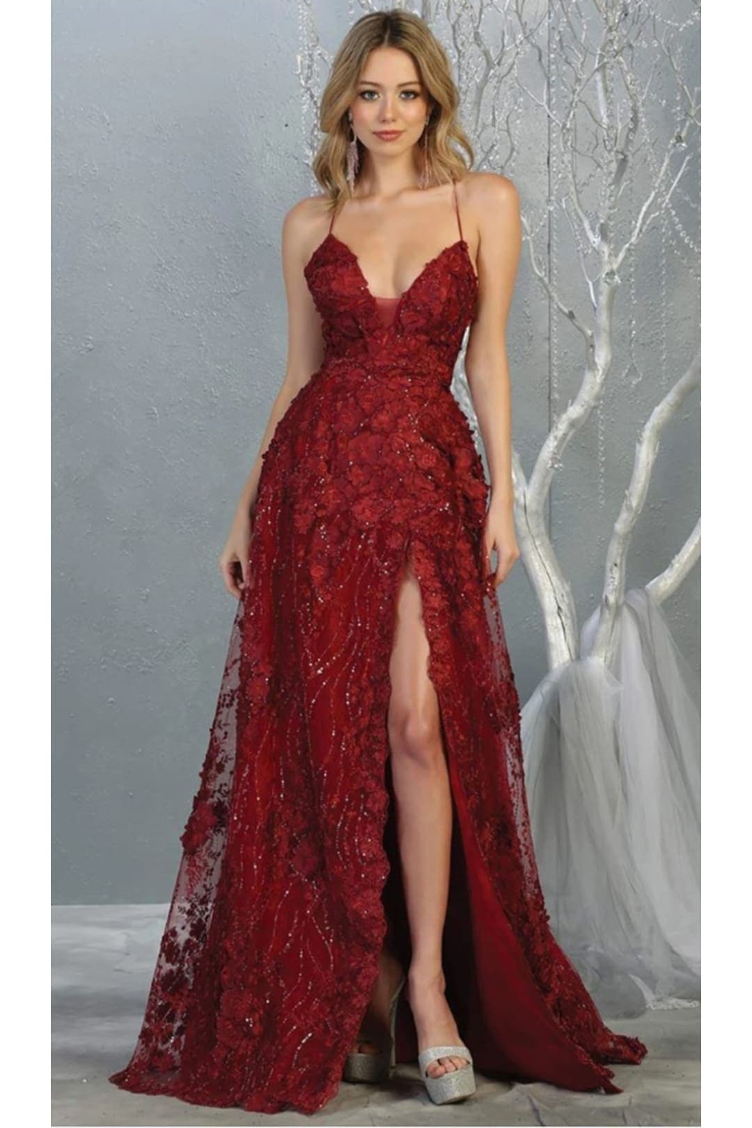 Royal Queen RQ7738 V Neck Floral Applique Thigh High Slit Prom Dress