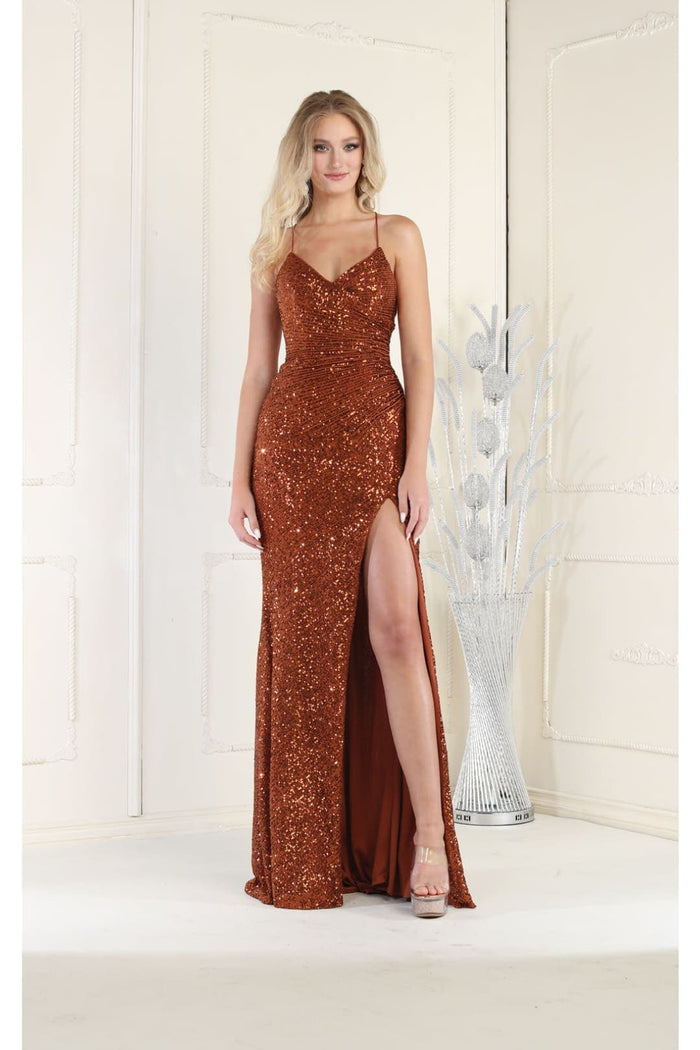 Royal Queen RQ7852 Sequined V Neck High Slit Open Back Long Prom Dress