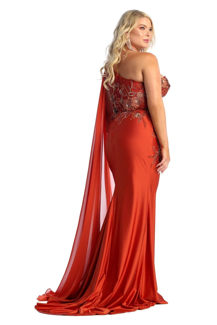Royal Queen RQ7943 Long Embroidered One Shoulder Prom Dress With Cape