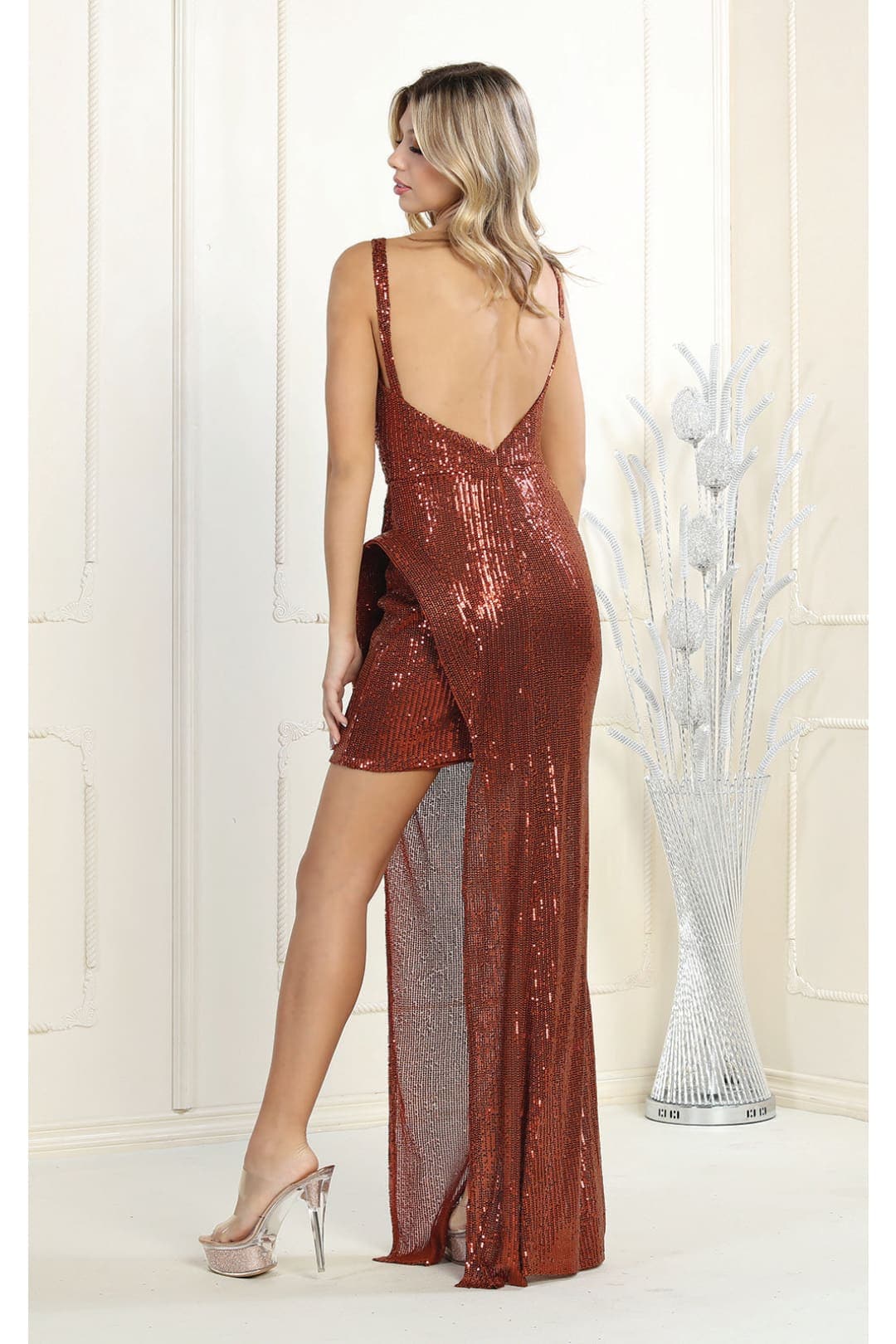 V-Neck Ruched Sequin Holiday Party Dress RQ7944