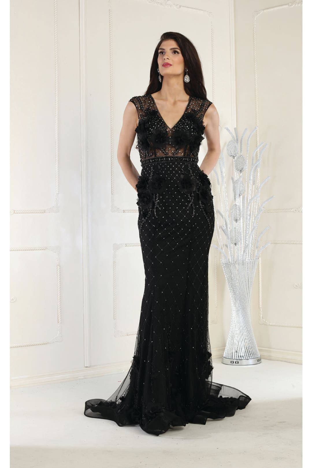 Royal Queen RQ7951 V-Neck 3D Floral Evening Dress