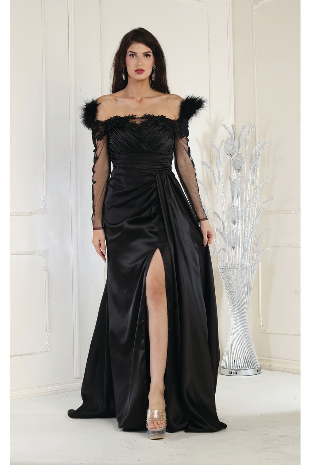 Off The Shoulder Long Sleeve Satin Evening Gown