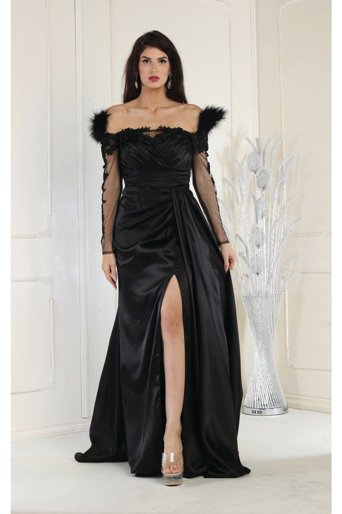 Off The Shoulder Long Sleeve Satin Evening Gown
