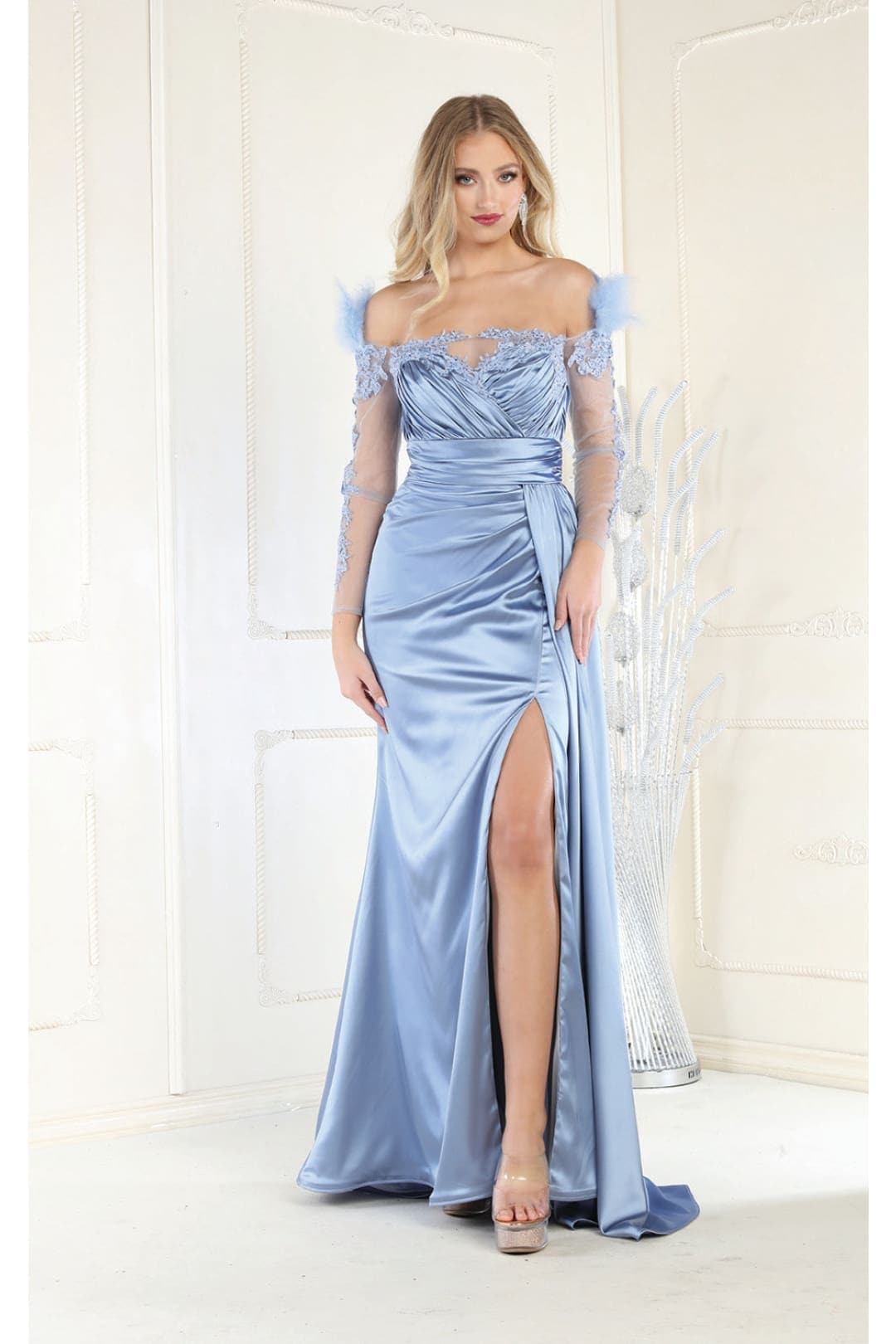 Off The Shoulder Long Sleeve Satin Evening Gown