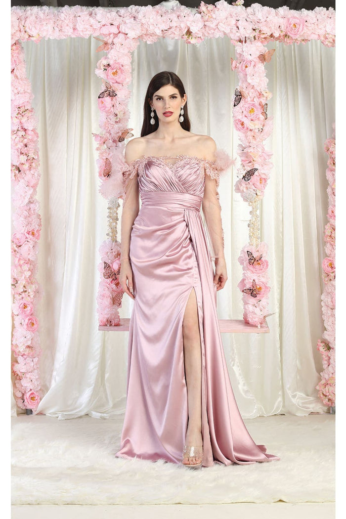 Off The Shoulder Long Sleeve Satin Evening Gown