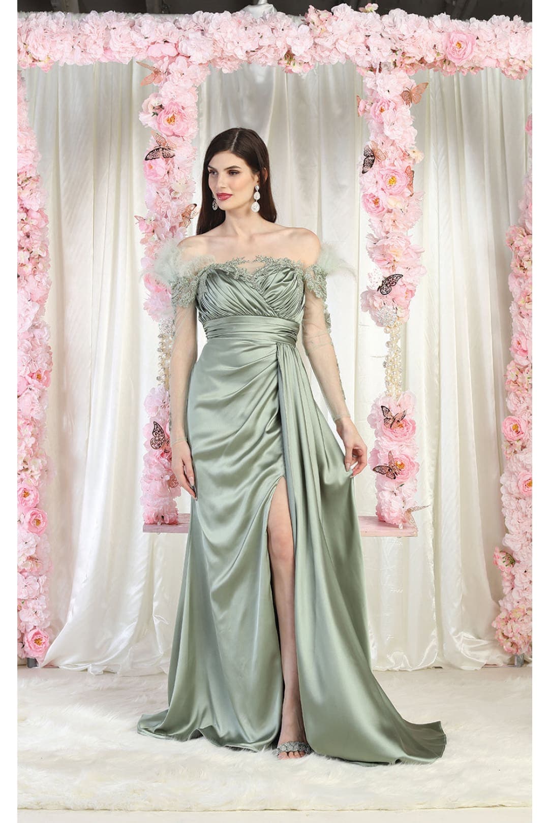 Off The Shoulder Long Sleeve Satin Evening Gown